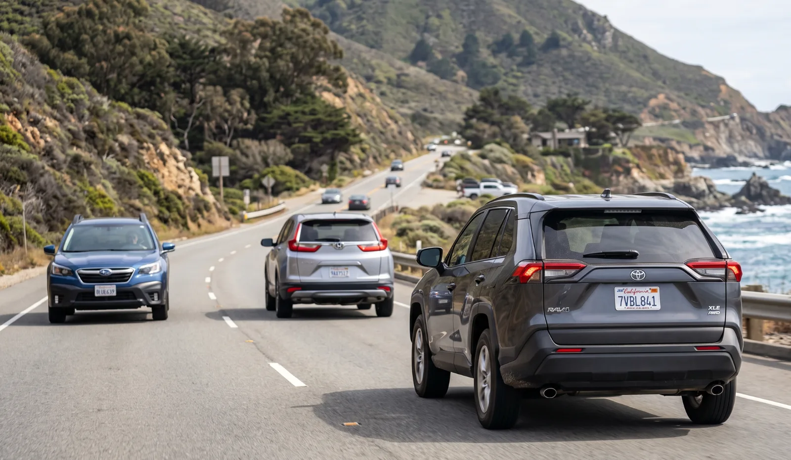 Cars on a road with readable license plates
