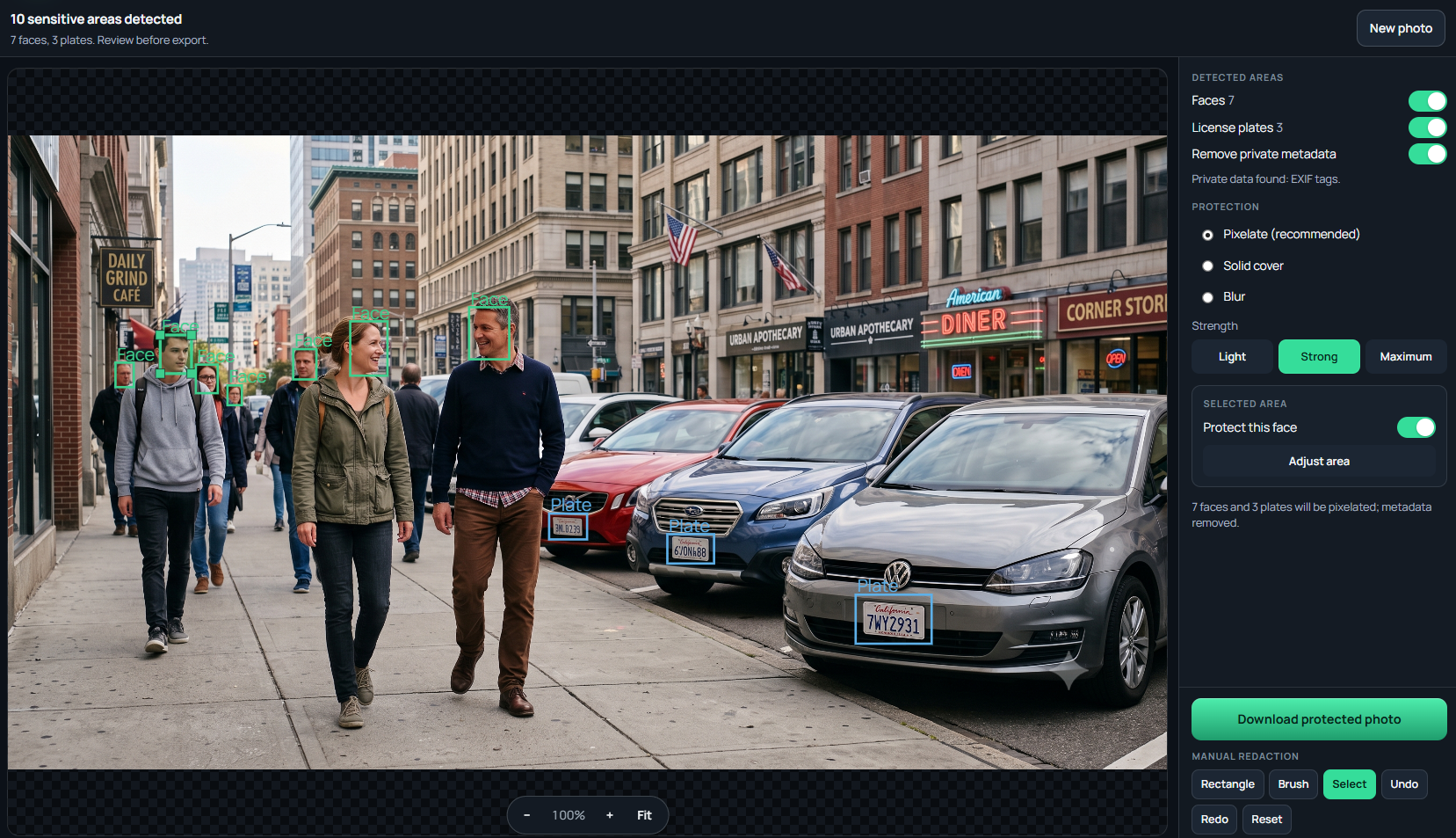Pixhide editor detecting faces and license plates in a photo